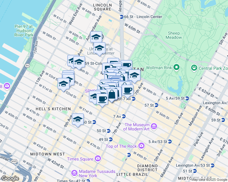 map of restaurants, bars, coffee shops, grocery stores, and more near 235 West 55th Street in New York