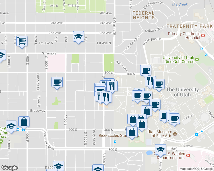map of restaurants, bars, coffee shops, grocery stores, and more near 169 South 1300 East in Salt Lake City