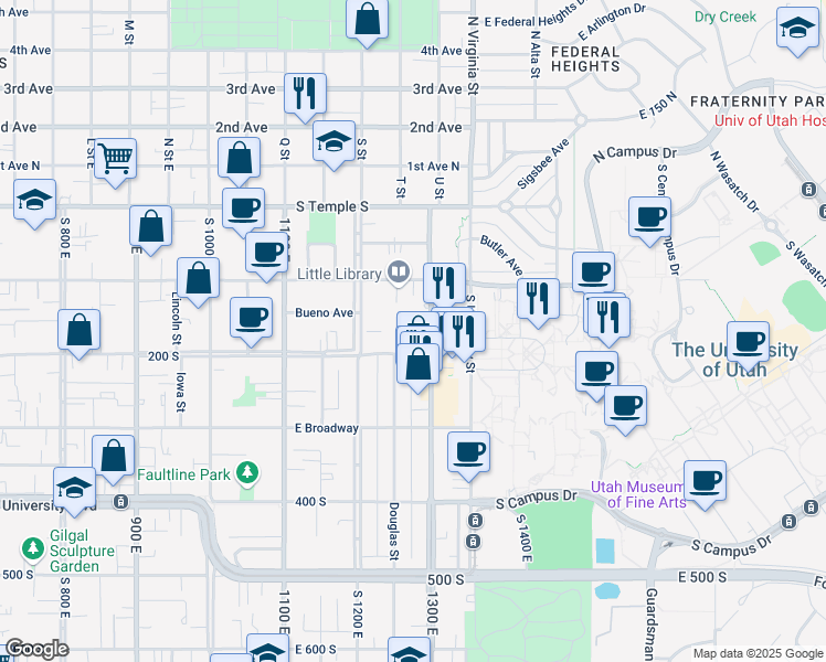 map of restaurants, bars, coffee shops, grocery stores, and more near 1255 200 South in Salt Lake City