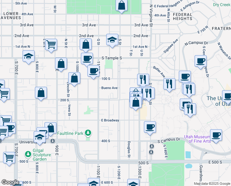 map of restaurants, bars, coffee shops, grocery stores, and more near 173 South 1200 East in Salt Lake City