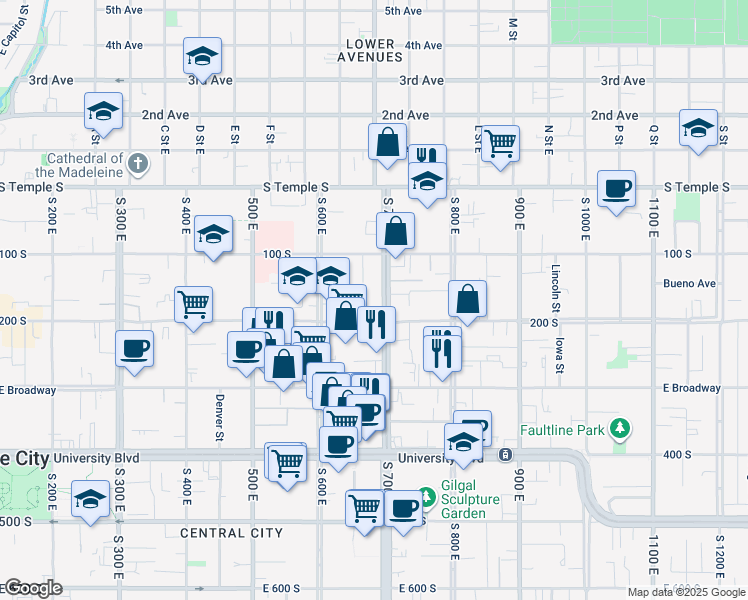 map of restaurants, bars, coffee shops, grocery stores, and more near 160 South 700 East in Salt Lake City