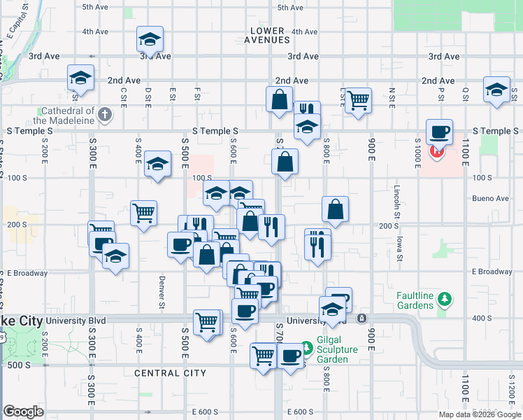 map of restaurants, bars, coffee shops, grocery stores, and more near 160 South 700 East in Salt Lake City