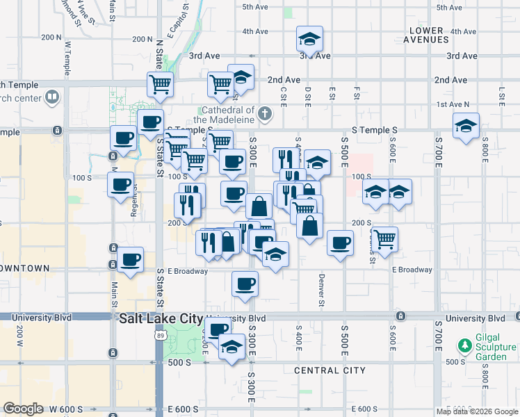 map of restaurants, bars, coffee shops, grocery stores, and more near 315 East 200 South in Salt Lake City