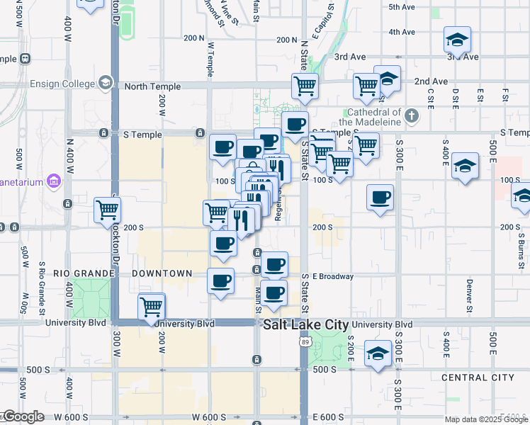 map of restaurants, bars, coffee shops, grocery stores, and more near 176 South Main Street in Salt Lake City