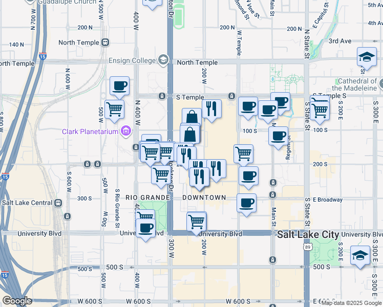 map of restaurants, bars, coffee shops, grocery stores, and more near 238 West 200 South in Salt Lake City