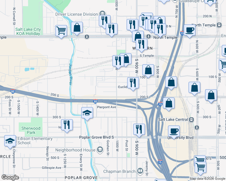 map of restaurants, bars, coffee shops, grocery stores, and more near 175 South 10th West in Salt Lake City