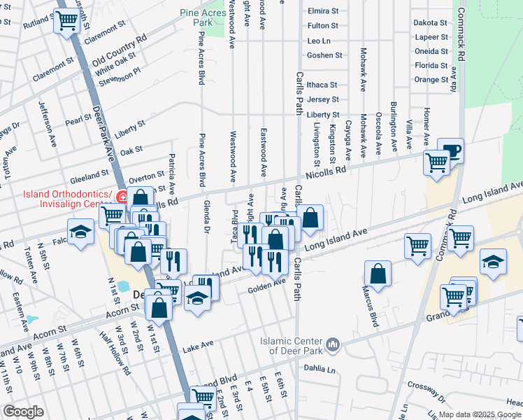 map of restaurants, bars, coffee shops, grocery stores, and more near 48 Eastwood Avenue in Deer Park
