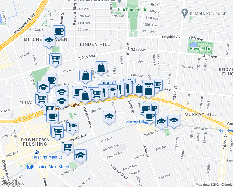 map of restaurants, bars, coffee shops, grocery stores, and more near 146-25 Northern Boulevard in Queens