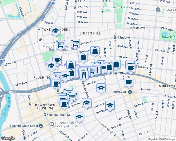 map of restaurants, bars, coffee shops, grocery stores, and more near 144-32 35th Avenue in Queens
