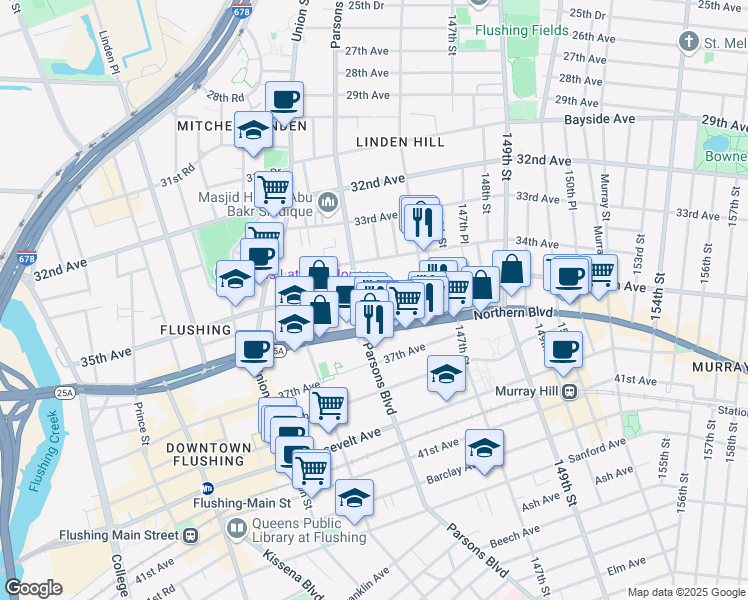map of restaurants, bars, coffee shops, grocery stores, and more near 144-32 35th Avenue in Queens