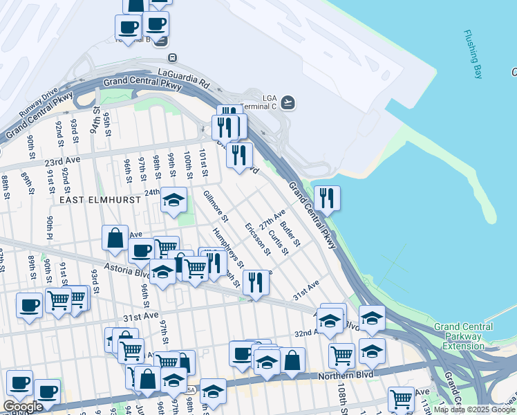 map of restaurants, bars, coffee shops, grocery stores, and more near 25-27 Curtis Street in Queens