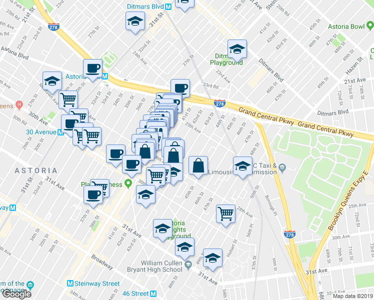 map of restaurants, bars, coffee shops, grocery stores, and more near 25-57 42nd Street in Queens