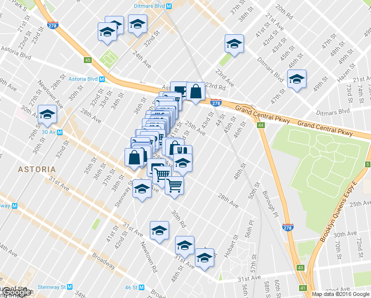 map of restaurants, bars, coffee shops, grocery stores, and more near 25-63 42nd Street in Queens