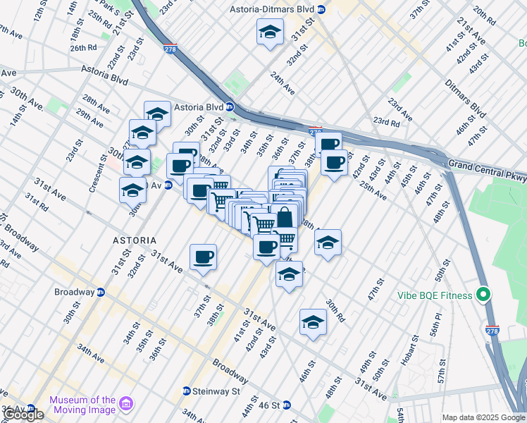 map of restaurants, bars, coffee shops, grocery stores, and more near 28-21 37th Street in Queens