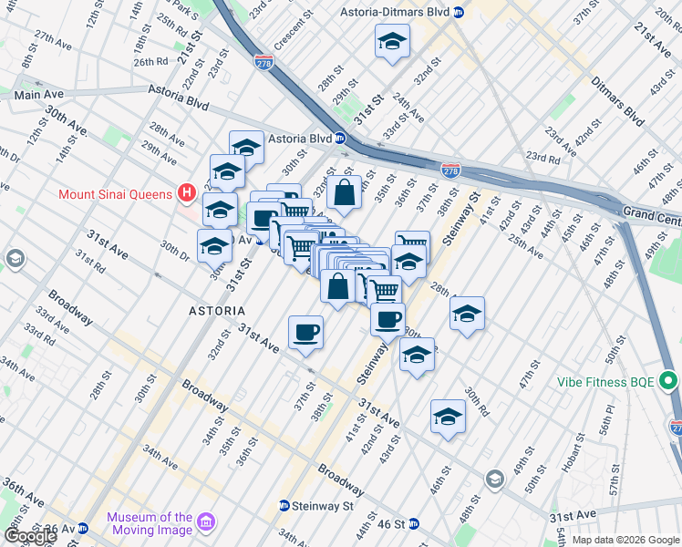 map of restaurants, bars, coffee shops, grocery stores, and more near 28-51 36th Street in Queens