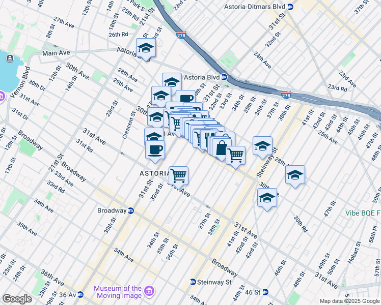 map of restaurants, bars, coffee shops, grocery stores, and more near 30-14 33rd Street in Queens