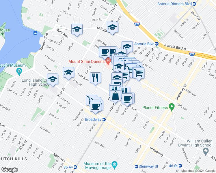 map of restaurants, bars, coffee shops, grocery stores, and more near 30-83 29th Street in Queens
