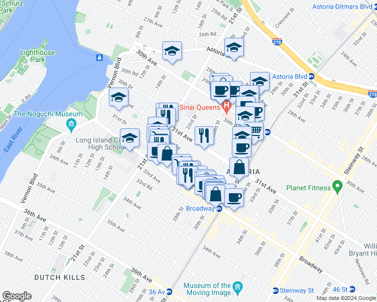 map of restaurants, bars, coffee shops, grocery stores, and more near 23-41 31st Road in Queens