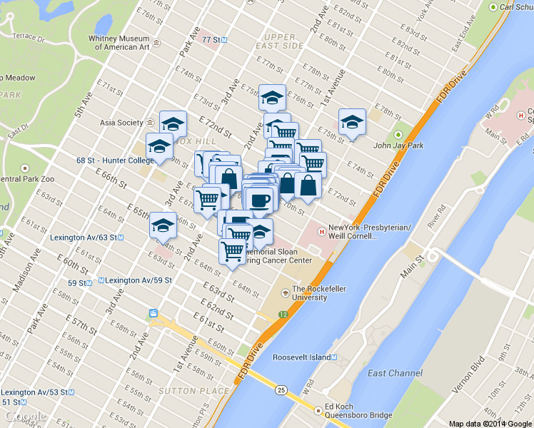 map of restaurants, bars, coffee shops, grocery stores, and more near 1274 1st Avenue in New York