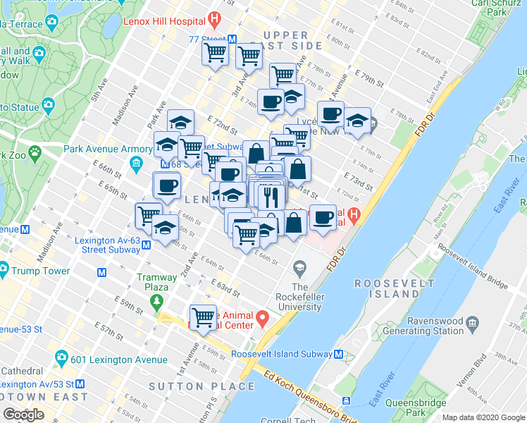 map of restaurants, bars, coffee shops, grocery stores, and more near 1274 1st Avenue in New York