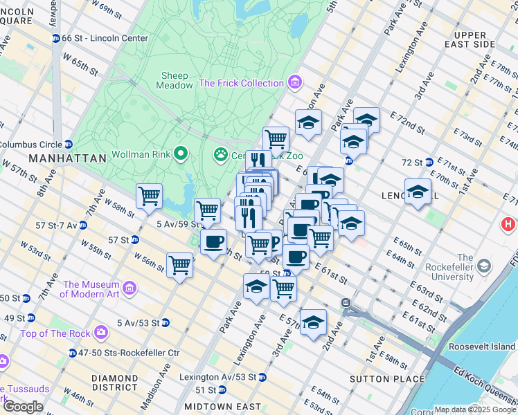 map of restaurants, bars, coffee shops, grocery stores, and more near 27 East 62nd Street in New York