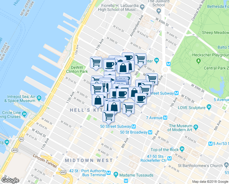 map of restaurants, bars, coffee shops, grocery stores, and more near 440 West 53rd Street in New York