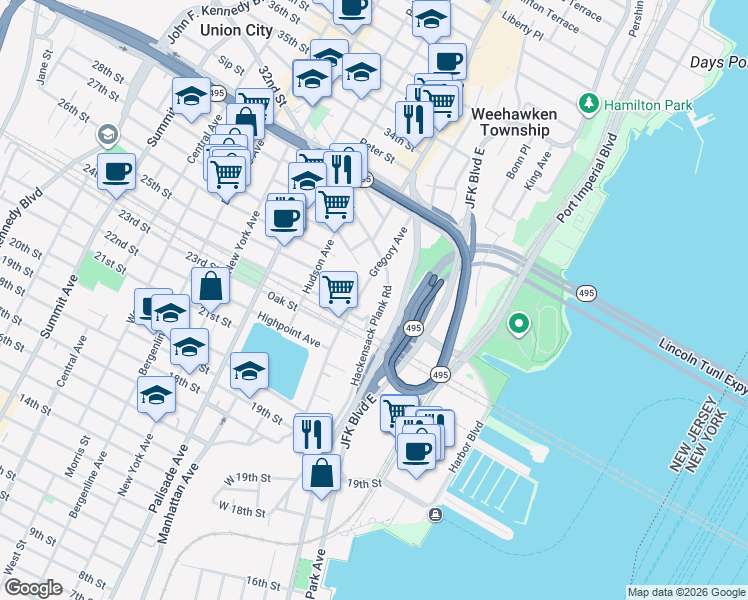map of restaurants, bars, coffee shops, grocery stores, and more near 518 Gregory Avenue in Weehawken