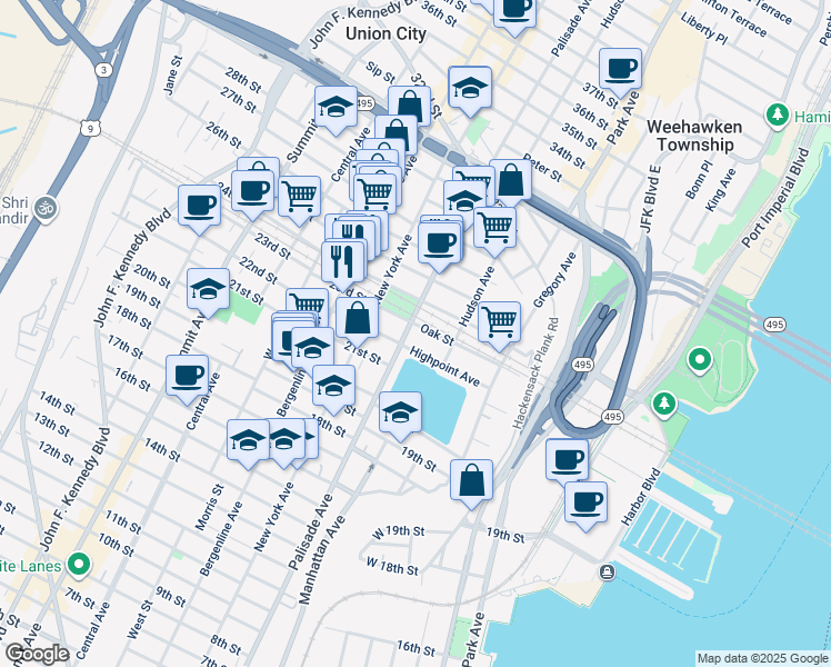 map of restaurants, bars, coffee shops, grocery stores, and more near 226 Oak Street in Weehawken