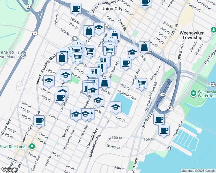 map of restaurants, bars, coffee shops, grocery stores, and more near 2105 New York Avenue in Union City