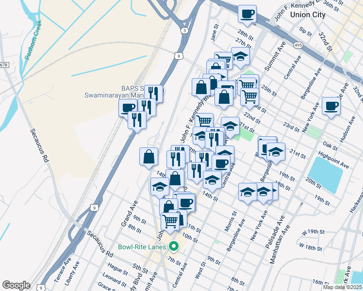 map of restaurants, bars, coffee shops, grocery stores, and more near 1625 John F. Kennedy Boulevard in North Bergen