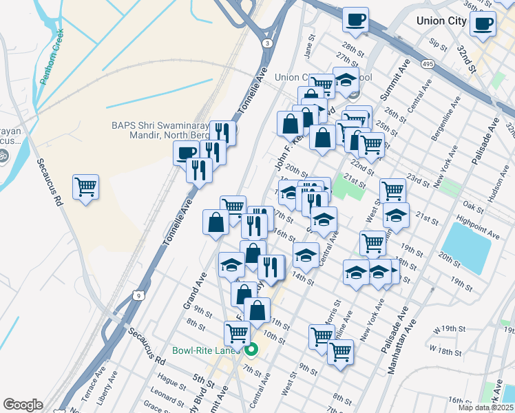 map of restaurants, bars, coffee shops, grocery stores, and more near 1625 John F. Kennedy Boulevard in North Bergen