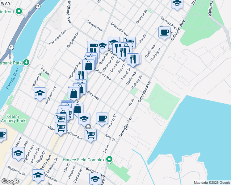 map of restaurants, bars, coffee shops, grocery stores, and more near 347 Forest Street in Kearny