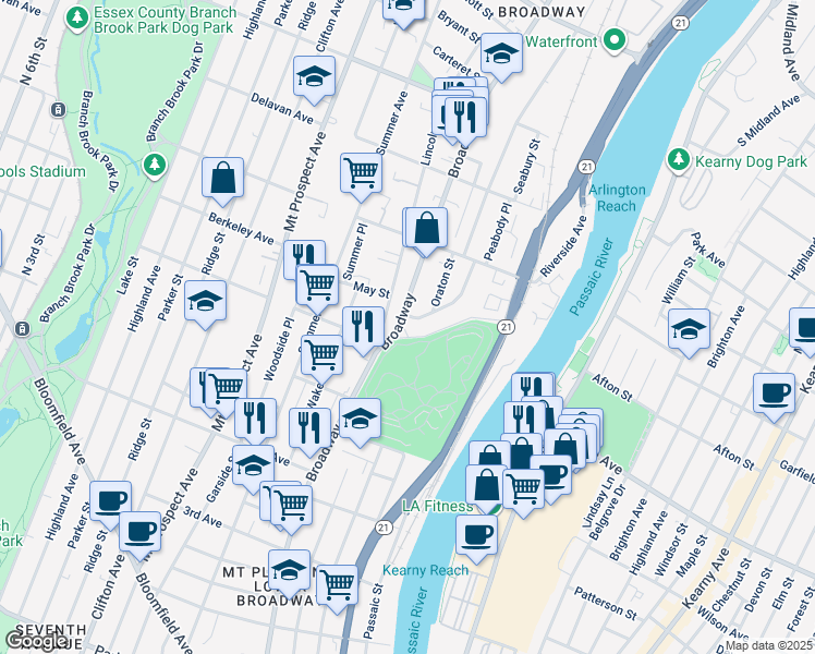 map of restaurants, bars, coffee shops, grocery stores, and more near 441-443 Broad Street in Newark