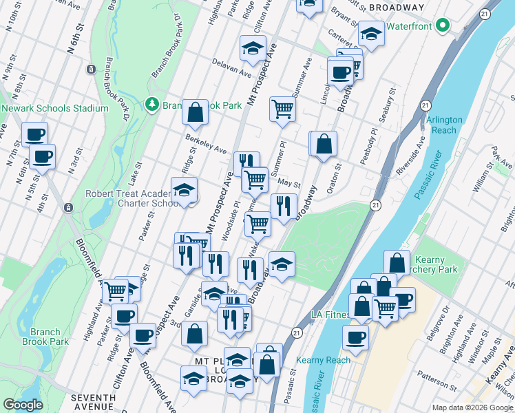 map of restaurants, bars, coffee shops, grocery stores, and more near 419-421 Summer Avenue in Newark