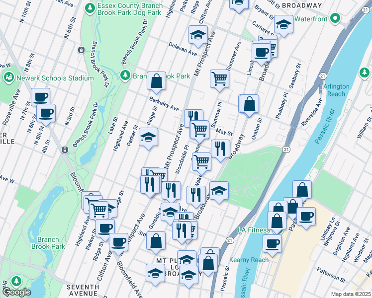 map of restaurants, bars, coffee shops, grocery stores, and more near 73 Woodside Place in Newark