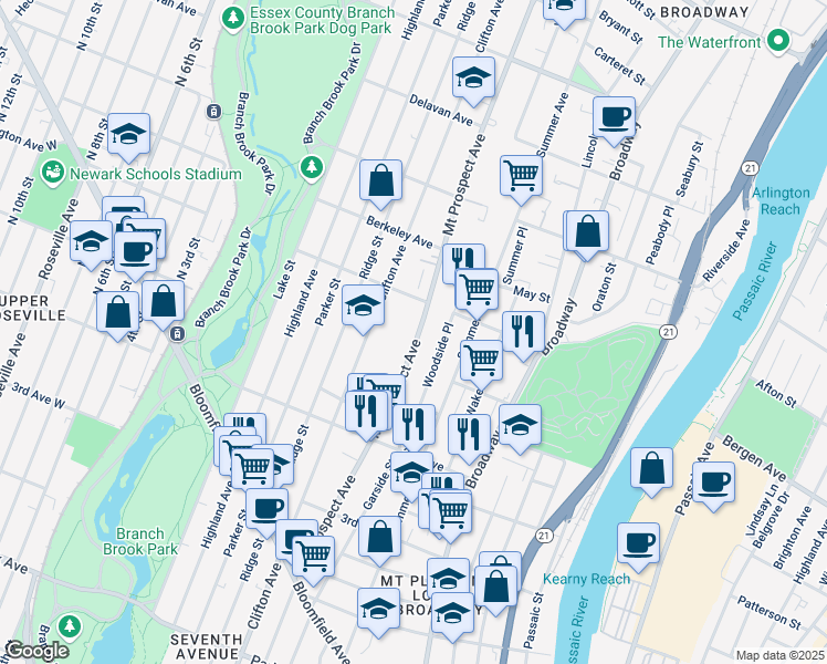 map of restaurants, bars, coffee shops, grocery stores, and more near 395 Mount Prospect Avenue in Newark
