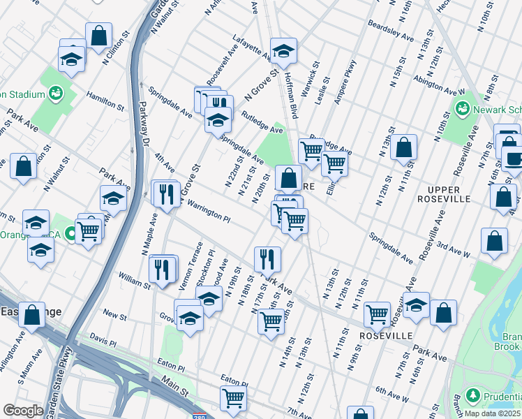 map of restaurants, bars, coffee shops, grocery stores, and more near 123 4th Avenue in East Orange
