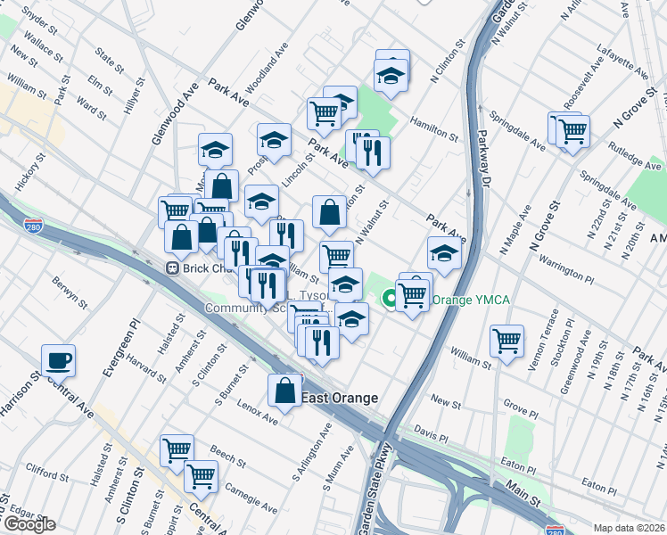 map of restaurants, bars, coffee shops, grocery stores, and more near in East Orange
