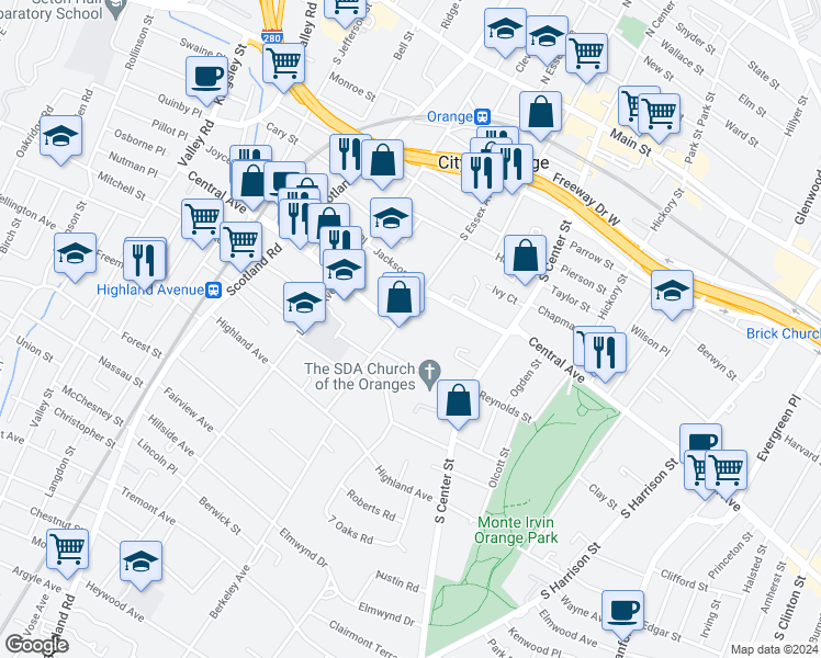 map of restaurants, bars, coffee shops, grocery stores, and more near 352 Central Avenue in City of Orange