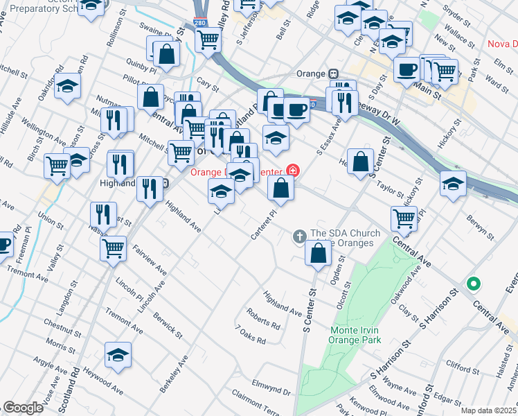 map of restaurants, bars, coffee shops, grocery stores, and more near 370 Central Avenue in City of Orange
