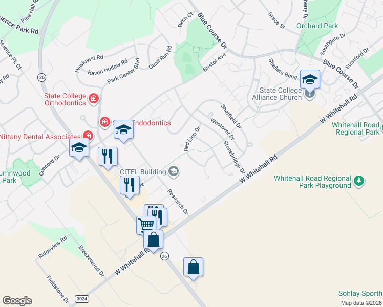 map of restaurants, bars, coffee shops, grocery stores, and more near 1839-1899 Red Lion Drive in State College