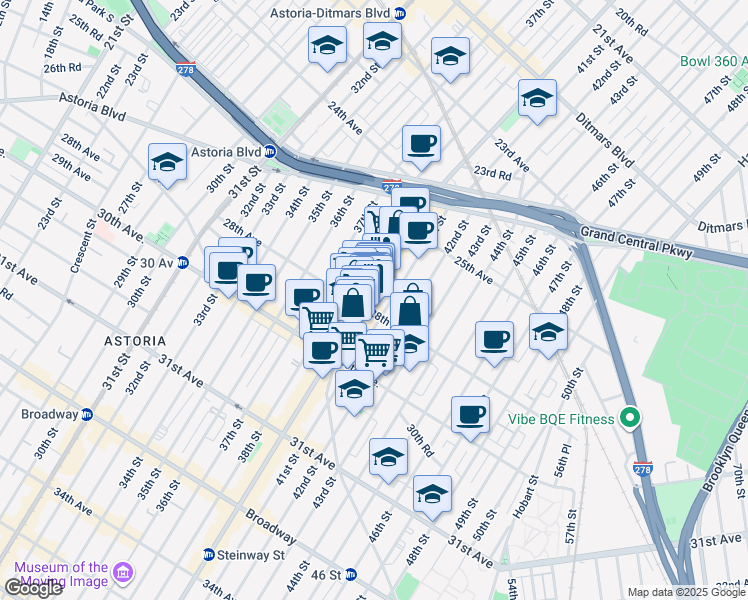 map of restaurants, bars, coffee shops, grocery stores, and more near 25-95 Steinway Street in Queens