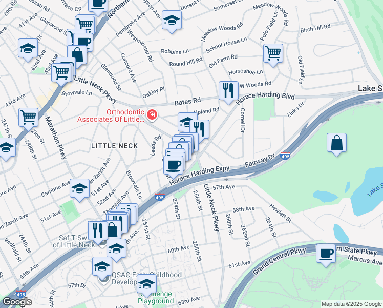 map of restaurants, bars, coffee shops, grocery stores, and more near 54-50 Little Neck Parkway in Queens