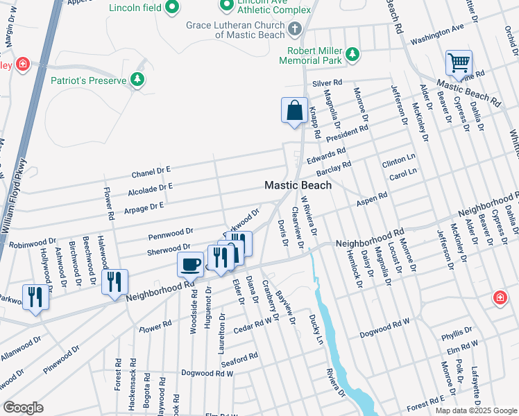 map of restaurants, bars, coffee shops, grocery stores, and more near 4 Robinwood Drive in Mastic Beach