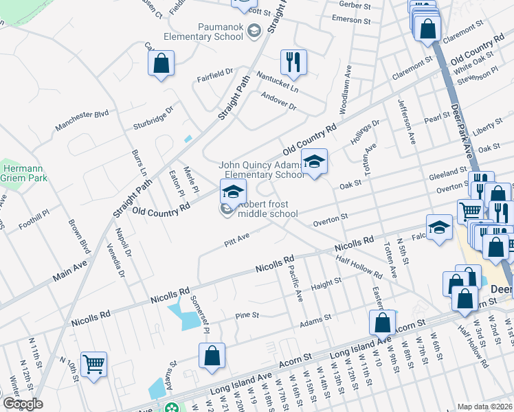 map of restaurants, bars, coffee shops, grocery stores, and more near 457 Half Hollow Road in Deer Park