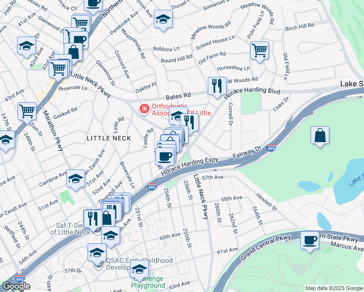 map of restaurants, bars, coffee shops, grocery stores, and more near 54-50 Little Neck Parkway in Queens