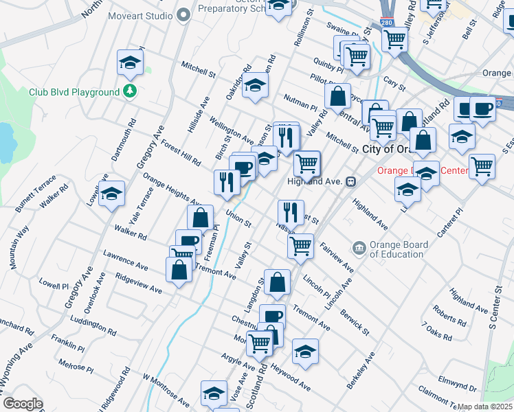 map of restaurants, bars, coffee shops, grocery stores, and more near 650 Nassau Street in City of Orange
