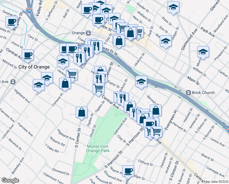 map of restaurants, bars, coffee shops, grocery stores, and more near 154 Chapman Street in City of Orange