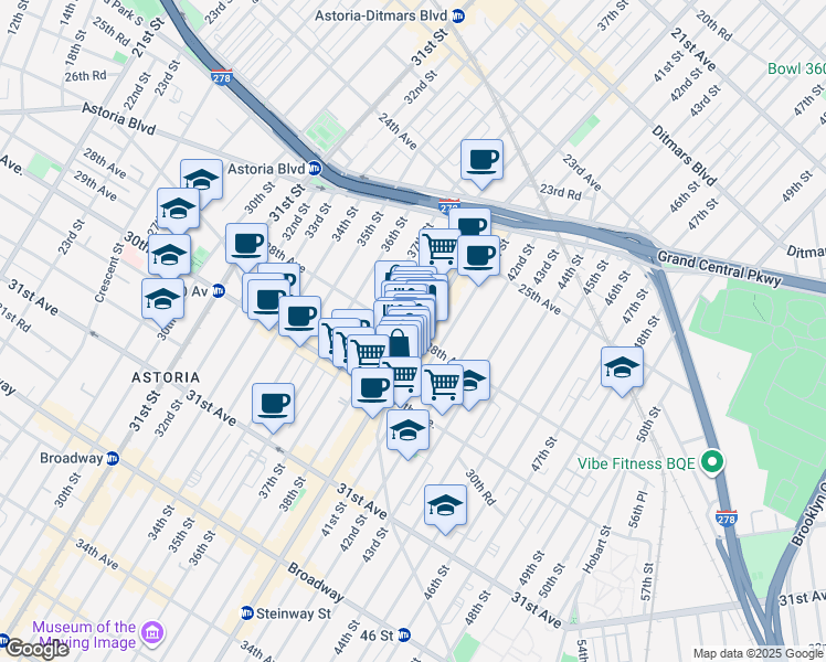 map of restaurants, bars, coffee shops, grocery stores, and more near 25-98 Steinway Street in Queens