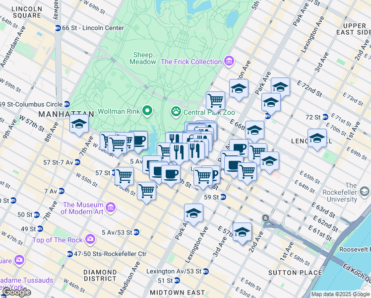 map of restaurants, bars, coffee shops, grocery stores, and more near 10 East 62nd Street in New York